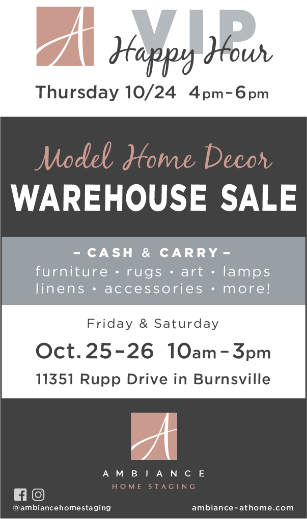 Text graphic promoting 10/24/24-10/26/24 Ambiance home goods sale in Burnsville, MN